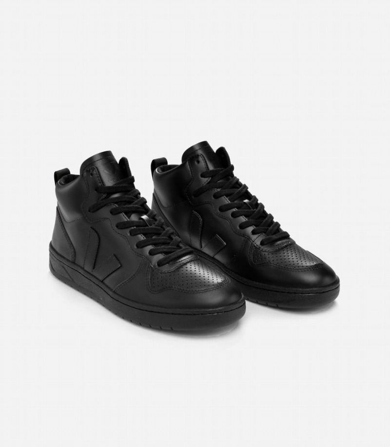 Ψηλα Sneakers γυναικεια Veja V-15 δερματινα μαυρα | QVA7940HO